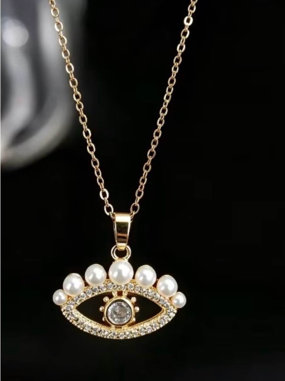 Gold Pearl & Crystal Eye Pendant Necklace
